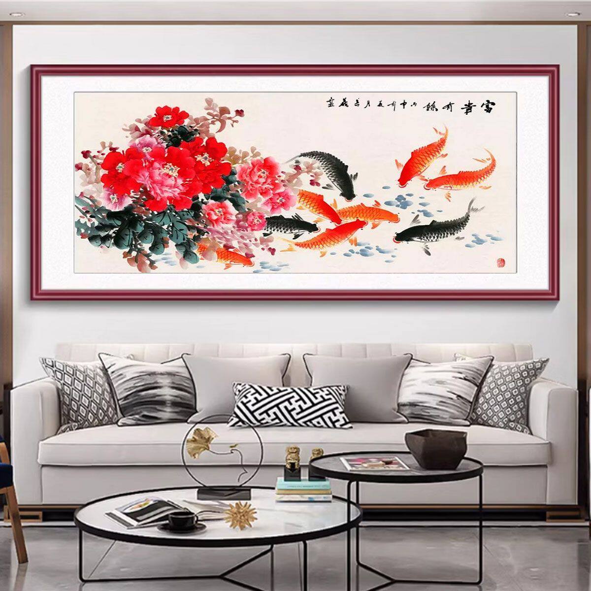 富贵国画挂画荷花九鱼浮雕描金聚财装饰画中式客厅沙发背景墙壁画