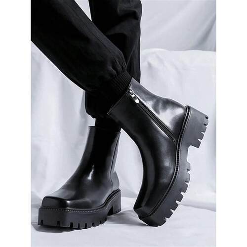 Mens Square Toe Thick Sole Side Zipper Chelsea Boots