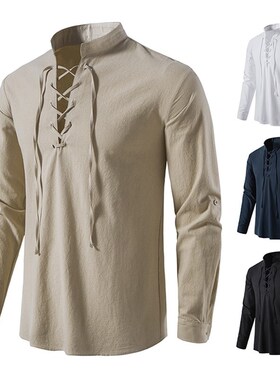2023 New Mens Casual Blouse Cotton Linen Shirt Tops Long Sl