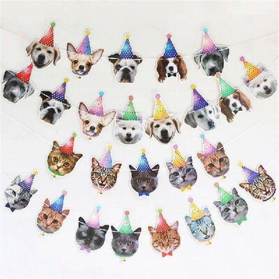 13 Flags Cat Dog Paper Banner Pet Happy Birthday Bunting