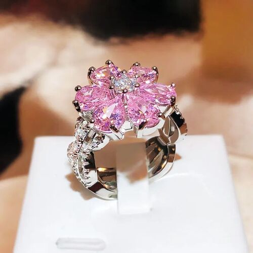 2023 Exquistie Pink Flower Rings for Women Silver Sparkl