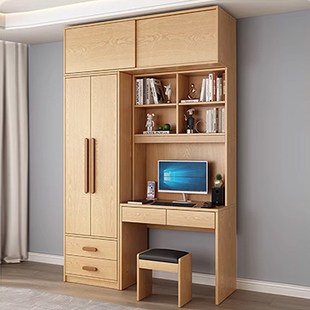 中式纯实木橡木衣柜书桌连体家用卧室小户型书柜电脑桌一体柜