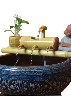 陶瓷养鱼缸系统竹筒循环流水增氧瓷缸石槽喷泉造景特色摆件