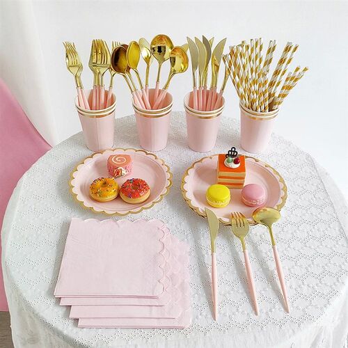 Purple Mint Green Pink Paper Disposable Tableware Set Plate