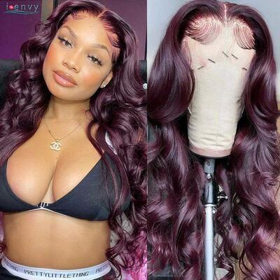 13x6 99J Burgundy Lace Front Wig Body Wave Colored Transpare