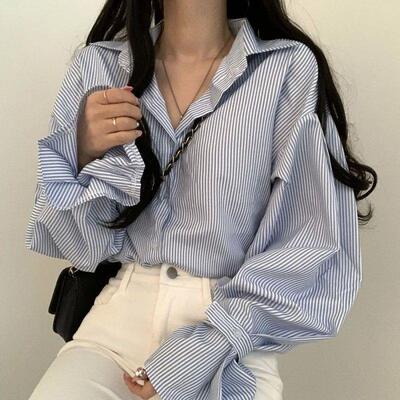 Women Shirts Striped Loose Blouses Puff Sleeve Female ops Lo