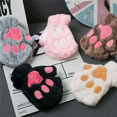 Cute Fluffy Cat Paw Claw Fingerless Gloves Plush Fingerless