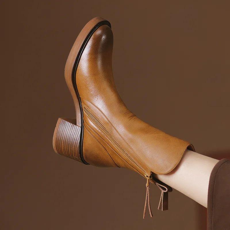 Vintage Leather Ankle Boots Brown Chunky High Heels Autumn W图片