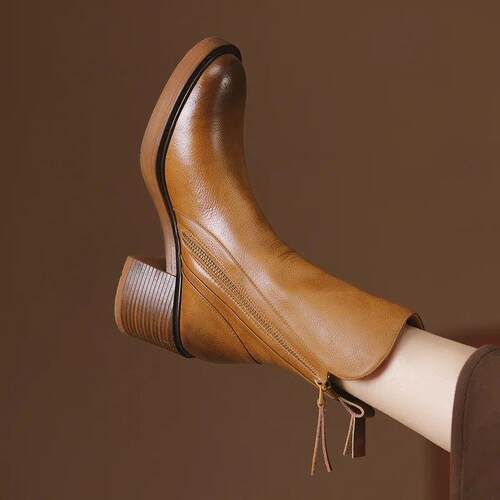 Vintage Leather Ankle Boots Brown Chunky High Heels Autumn W