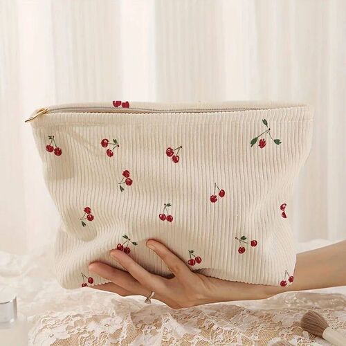 Cherry printed corduroy makeup bag, lightweight zipper makeu