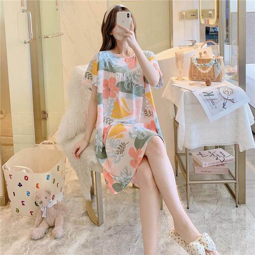 Cotton silk nightdress women summer thin short sleeve cartoo
