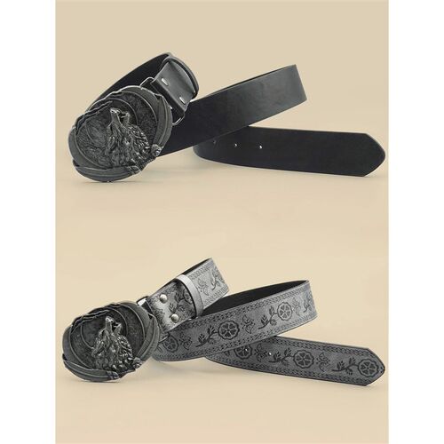 Men Vintage Western Wolf Buckle Sreetwear Casual Pu Leather