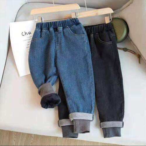 Boy Winter Jeans Children Cotton Fashion Rolled Rib Hem Velv