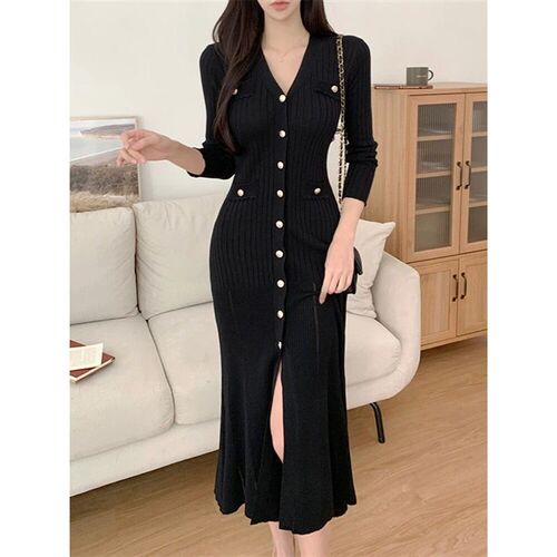 Summer Midi Dress Women Knitted Black Bodycon Korea Style Ru
