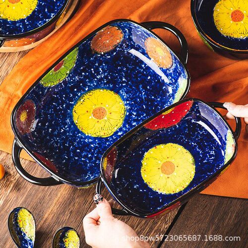 Creative Polish HandPainted Relief Handle Ceramic Baking Pan