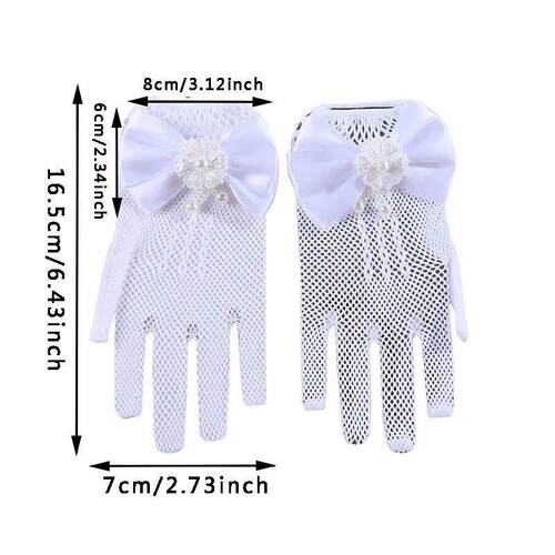 1 Pair Girls Kids White Lace Faux Pearl Fishnet Gloves mmuni