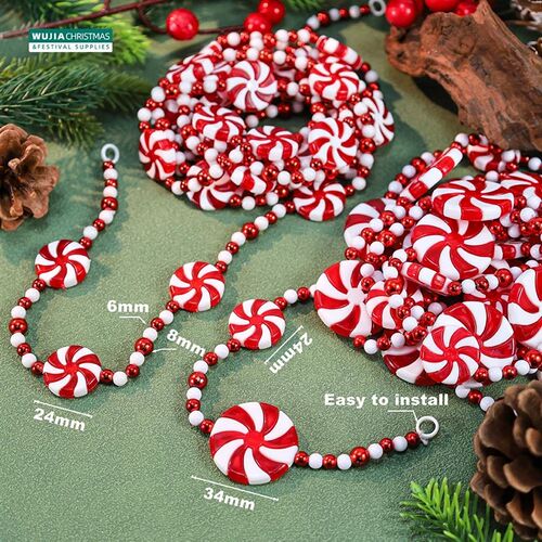2.4M Christmas Candy Garland Peppermint Red Green Beaded Str