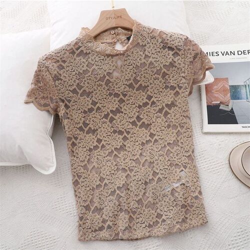 Women Lace Blouses Shirts Sexy Hollow Out Short Sleeve Solid