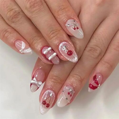 24Pcs Short Round Head Almond Fake Nails with Flowers Grass