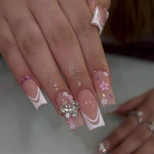 French Love Bow Decor Fake Nails Mid-length Coffin Ballet Pr