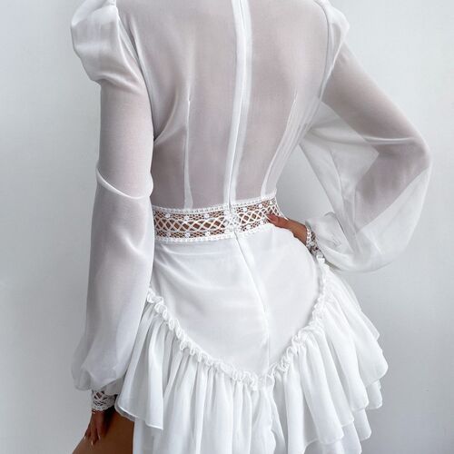 Women Elegant Lace Patchwork Layered Ruffles Design Puff
