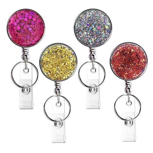 4 Pcs Beadable Badge Reels Blank Bar  Glitter Silver
