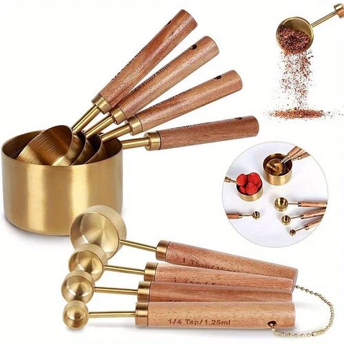 4/8Pcs Wooden Handle Stainless Steel Measuring Cups Spoons B