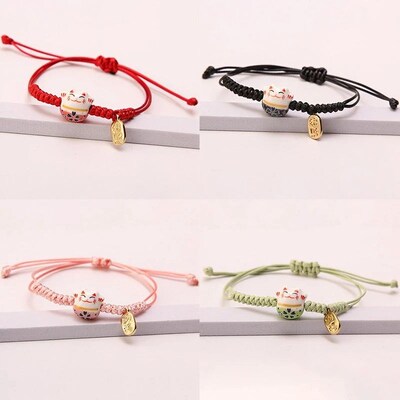 Simple Ceramic Lucky Cat Braided Bracelet for Women Cute Ani