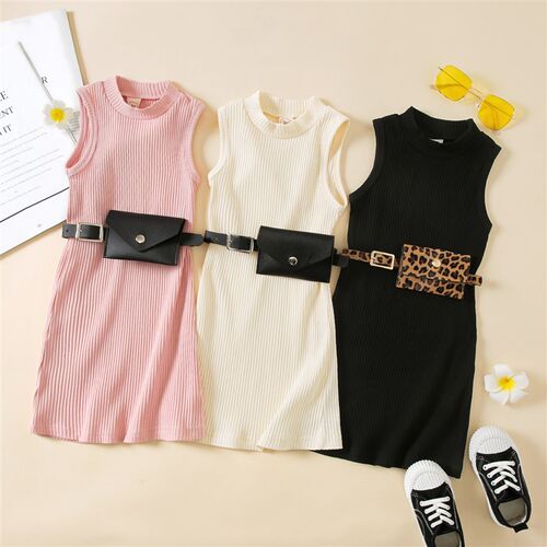Kids Baby Girls Dress, Solid Color Crew Neck Sleeveless Ribb