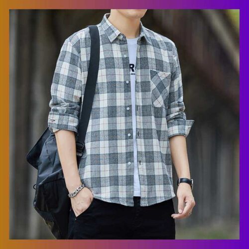 Mens Long-sleeved Shirt Spring Skin-friendly Plaid Top tend
