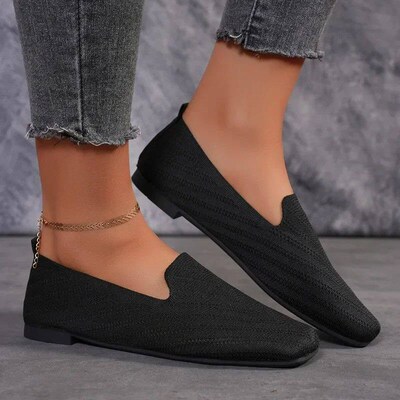 2024 Solid Color Square Toe Mesh Loafers Shallow Women Flats