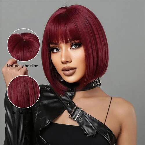 Short Wine Red Bob Wigs For Women Burgundy Bob Wigs With Thi