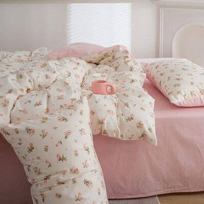 Pink Flowers Duvet Cover Set Ins Fashion Single Queen Size G