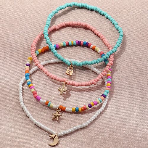 4Pcs/set Boho Colorful Rice Beads Rings Set For Women Elasti
