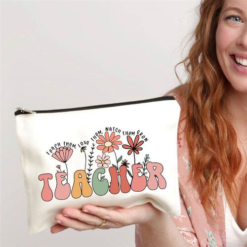 Teacher Flower Print Pencil Case Travel Makeup Bag School St