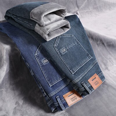Winter New Men Fleece Jeans Business Casual Sretch Fitted St