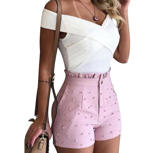 2020 new Fashion Solid Color High Waist Button Ruffled Beade