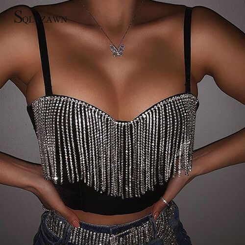 Diamond Tassel Patchwork Glitter Bustier Tops Party Night Cl