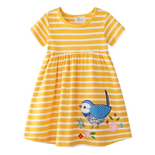 Jumping Meters Yellow White Striped Cartoon Dress Applique A