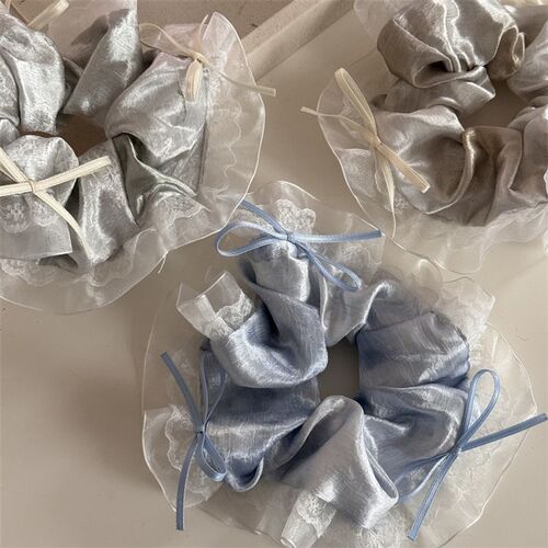 Shiny Fabric Bow Lace Trim Satin Jumbo Hair Scrunchie Sweet