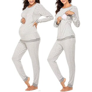 2023 Womens New Maternity Pajamas Striped Nursing Sleepwear