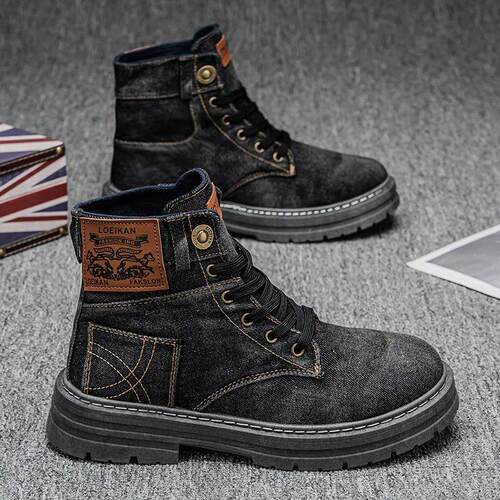 Retro Mens Platform Denim Boots High Quality Men Tooling Bo