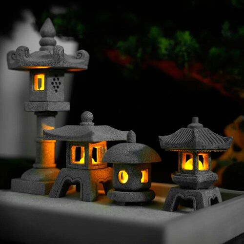 Mini Pagoda Lantern Light Garden Statue Micro Landscape Fish