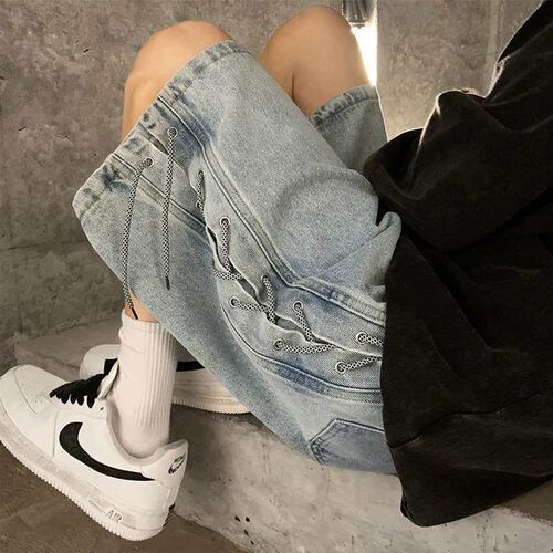 Ribbon Denim Shorts Mens Design Sense Niche Loose Vibe Fash