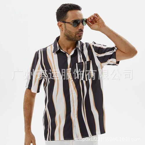 Mens Shirt New British Fashion Wave Striped Lapel Hawaiian