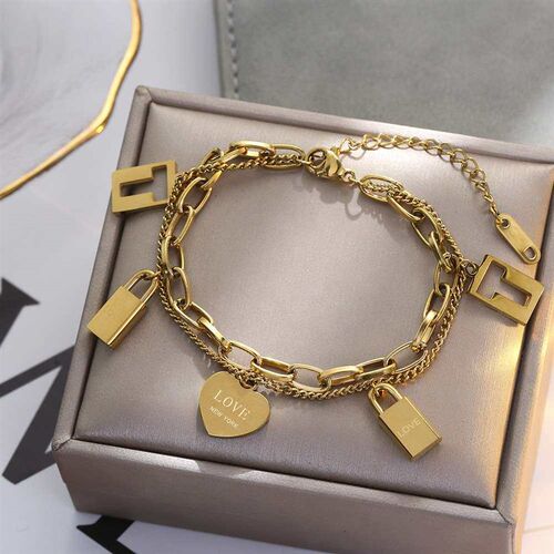 Titanium Steel Brlet Womens Double-layer Heart-shaped Key L