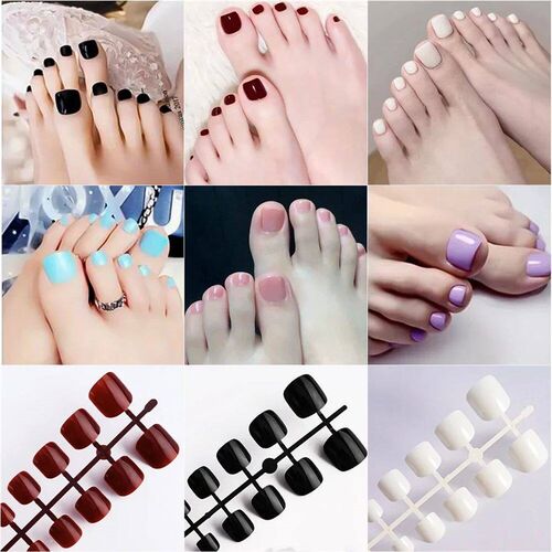 144pcs Short Square False Toe Nails Lake Blue/White/Red/Nude