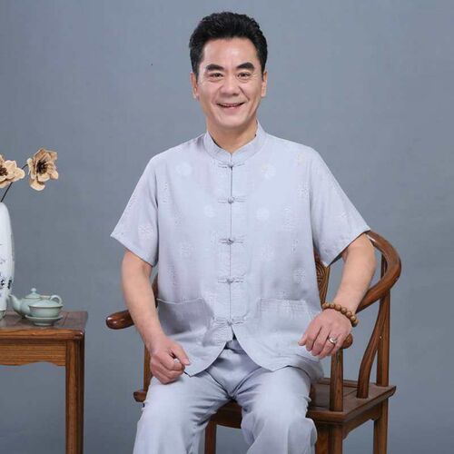 Summer Mens Cotton Linen Short-sleeved Middle-aged and Elde