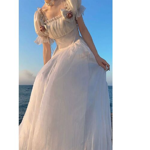 French Elegant Princess White Dress Women Sexy Backless Swee