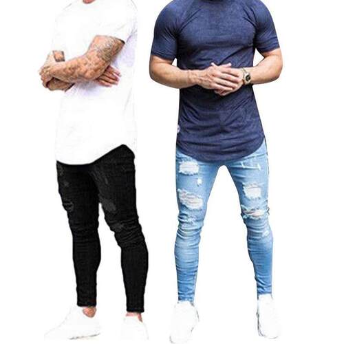 New Men Ripped holes jeans Casual Black Blue Skinny slim Fit